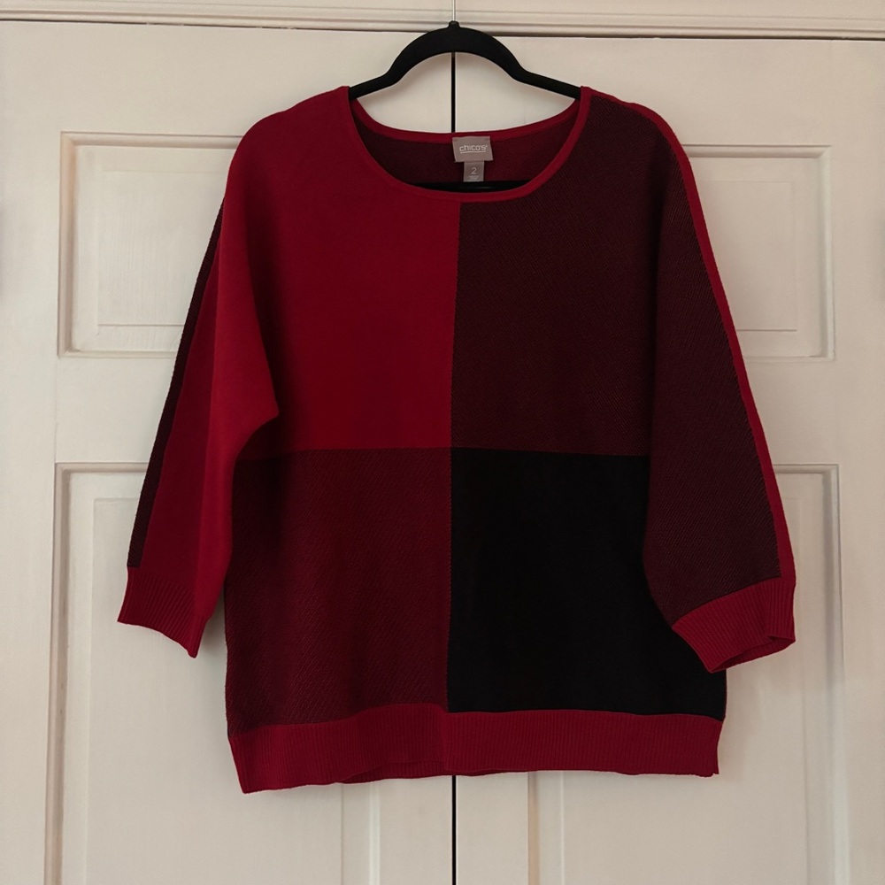 Chico's Size 2 Red Black Colorblock Knit Sweater Chicos Large‎ Dolman Sleeves